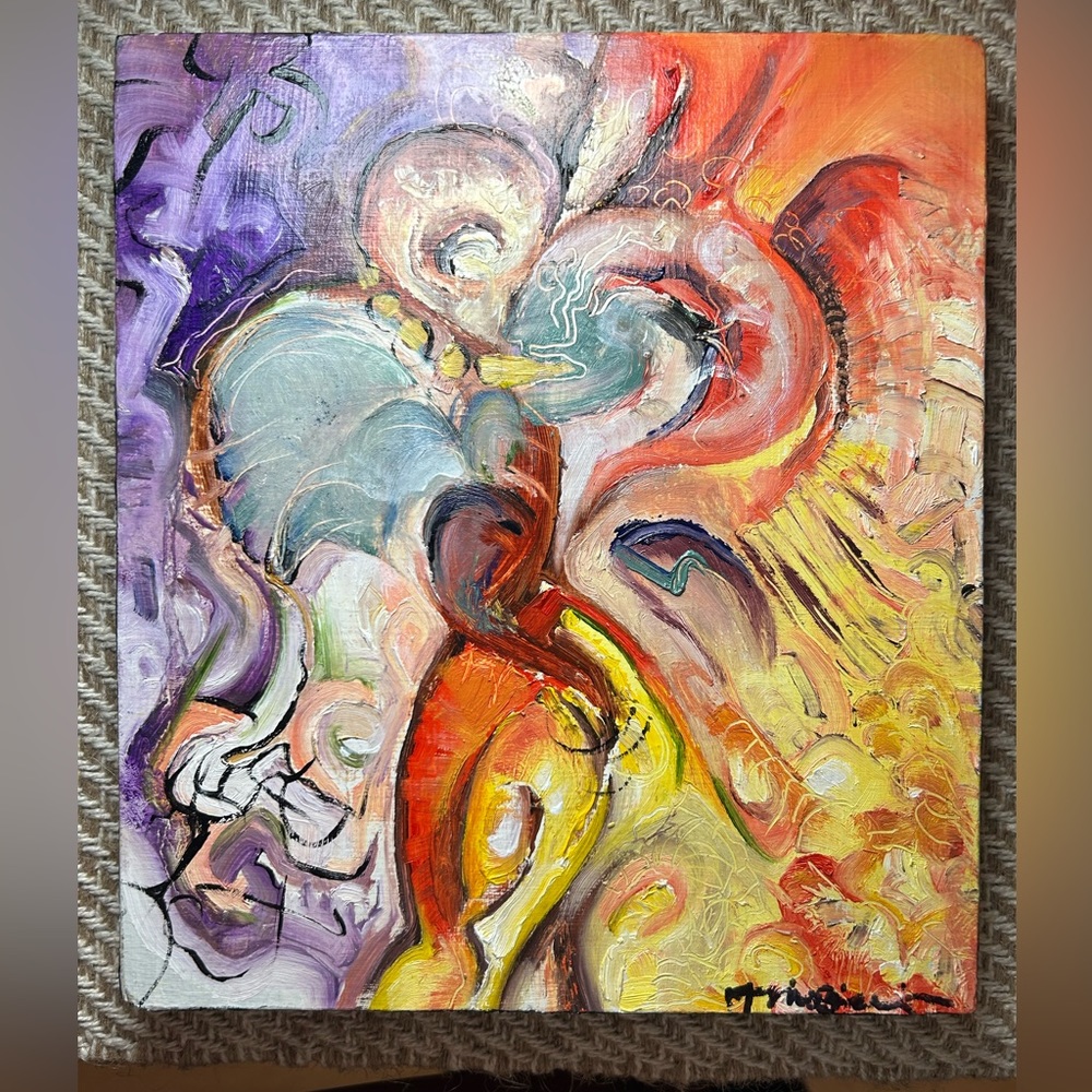 Original wood block oil painting abstract art ready to hang 10x10.5” signed ooak
